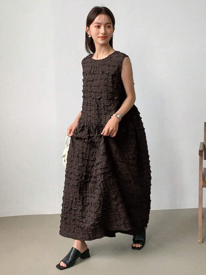 CM-DS383673 Women Trendy Bohemian Style Solid Round Neck Sleeveless Smock Dress - Brown