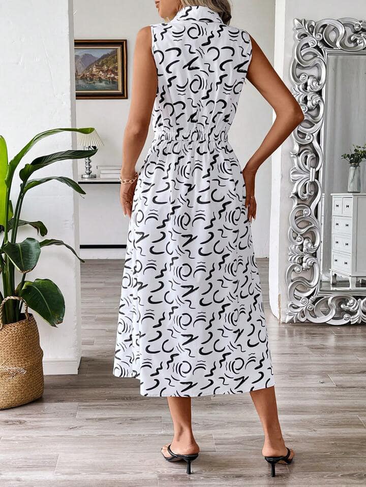 CM-DS957247 Women Casual Seoul Style Printed Pocket Sleeveless Shirt Collar Long Dress