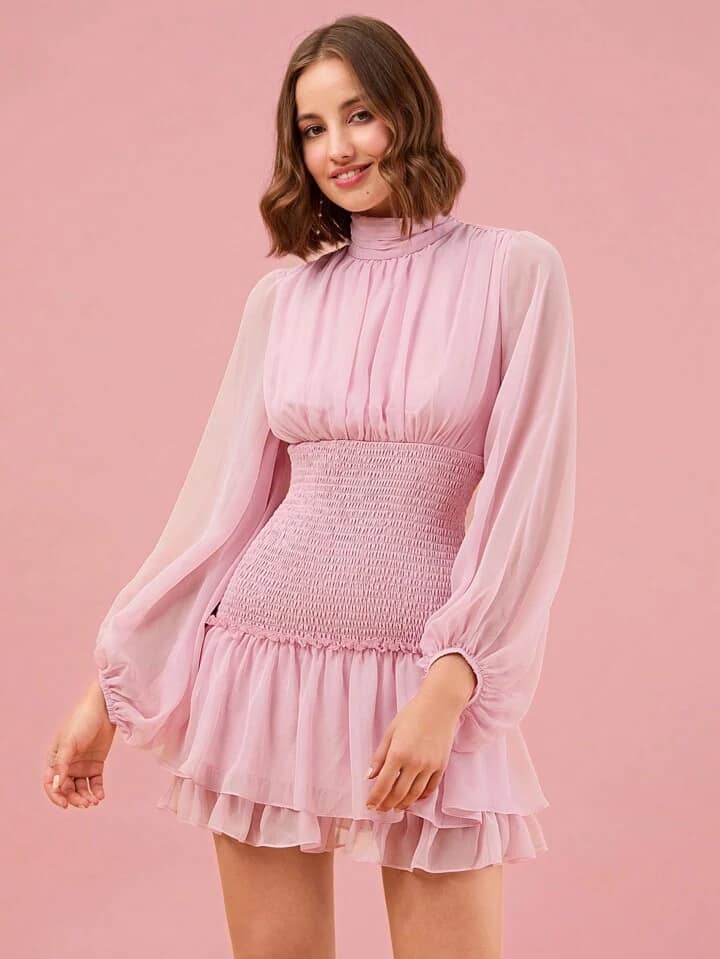 CM-DS037668 Women Elegant Seoul Style Stand Collar Long Sleeve Layered A-Line Mini Dress - Pink