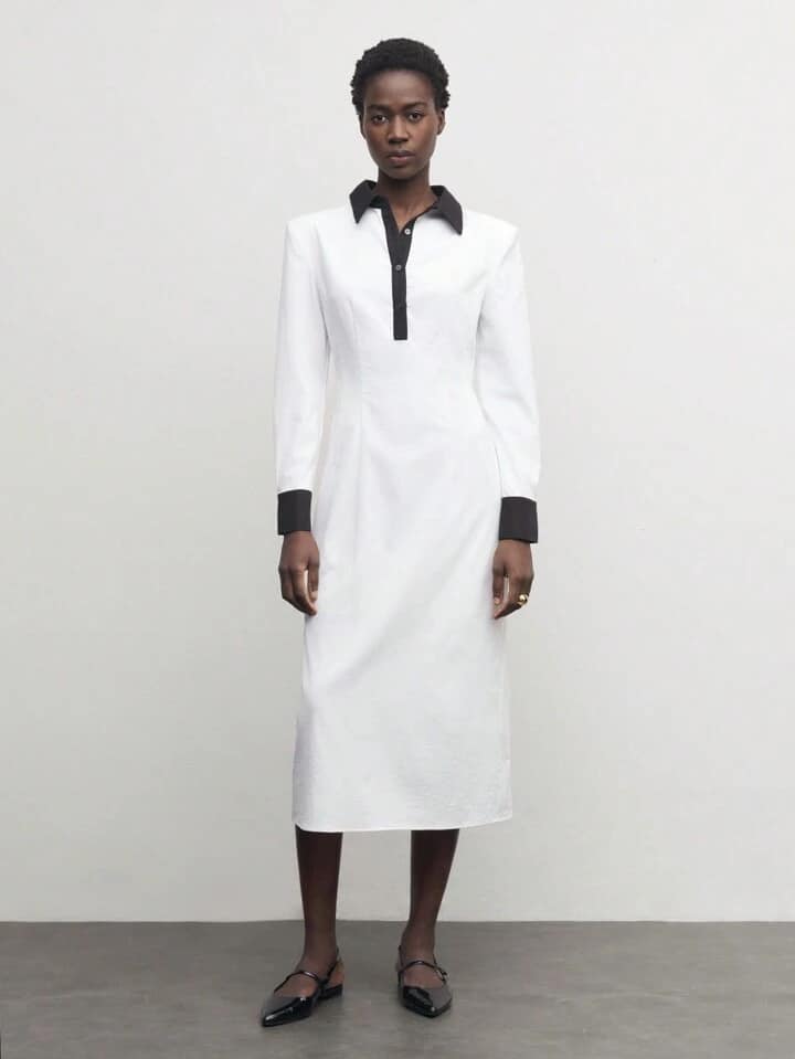 CM-DS306331 Women Casual Seoul Style Contrast Color Collar Neckline Long Sleeve Midi Dress - White