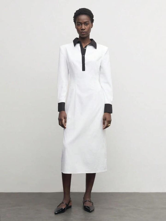 CM-DS306331 Women Casual Seoul Style Contrast Color Collar Neckline Long Sleeve Midi Dress - White