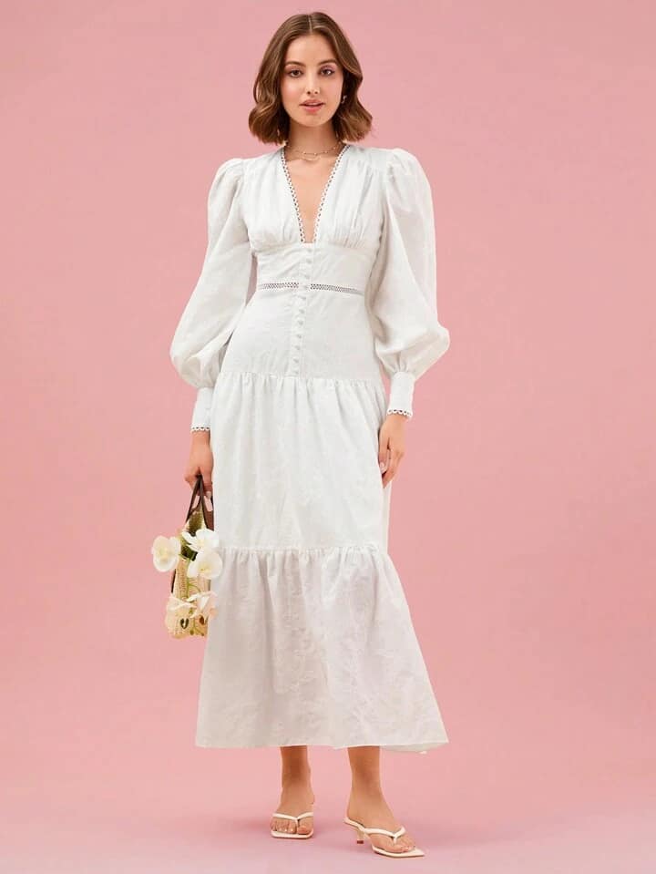CM-DS463337 Women Elegant Seoul Style Plunging Neck Lantern Sleeve Ruffle Hem Dress - White