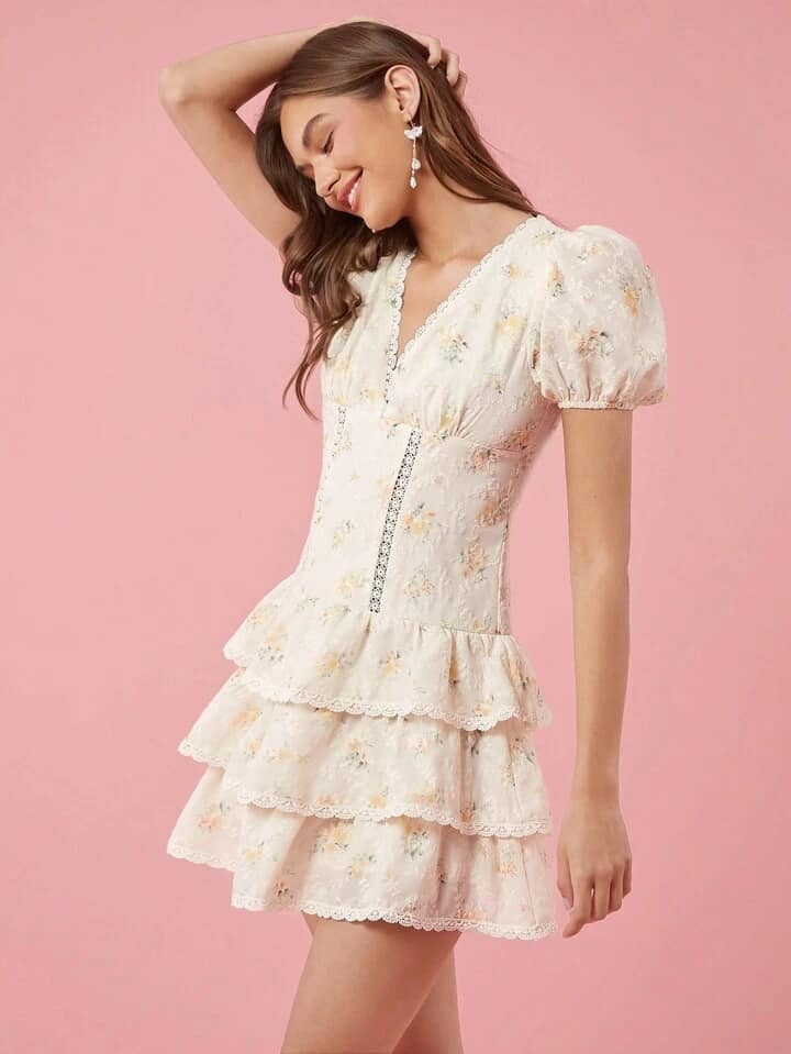 CM-DS212824 Women Elegant Seoul Style Floral Print Deep V-Neck Short Sleeve Multi-Layer Mini Dress