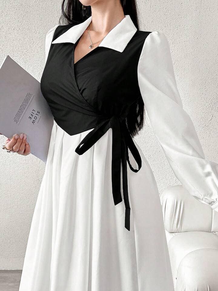 CM-DS565829 Women Casual Seoul Style Colorblock Collar Neckline Side Knot Bubble Sleeve Maxi Dress