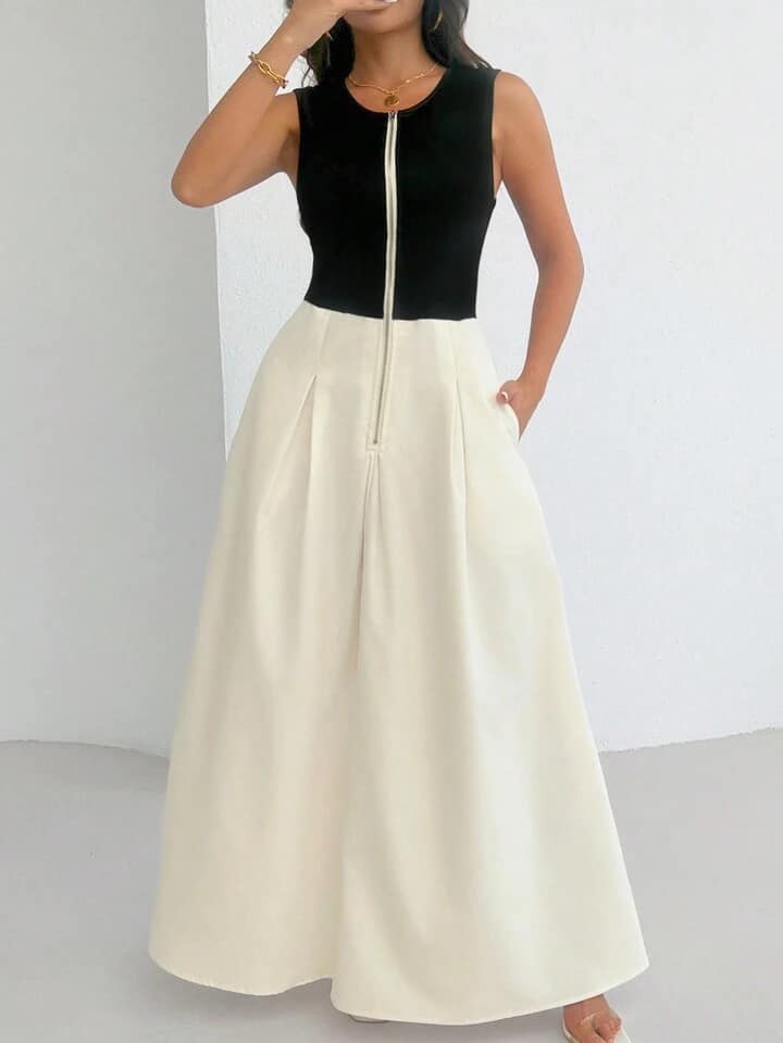 CM-DS340550 Women Casual Seoul Style Sleeveless Colorblock Patchwork Round Neck Sleeveless Maxi Dress
