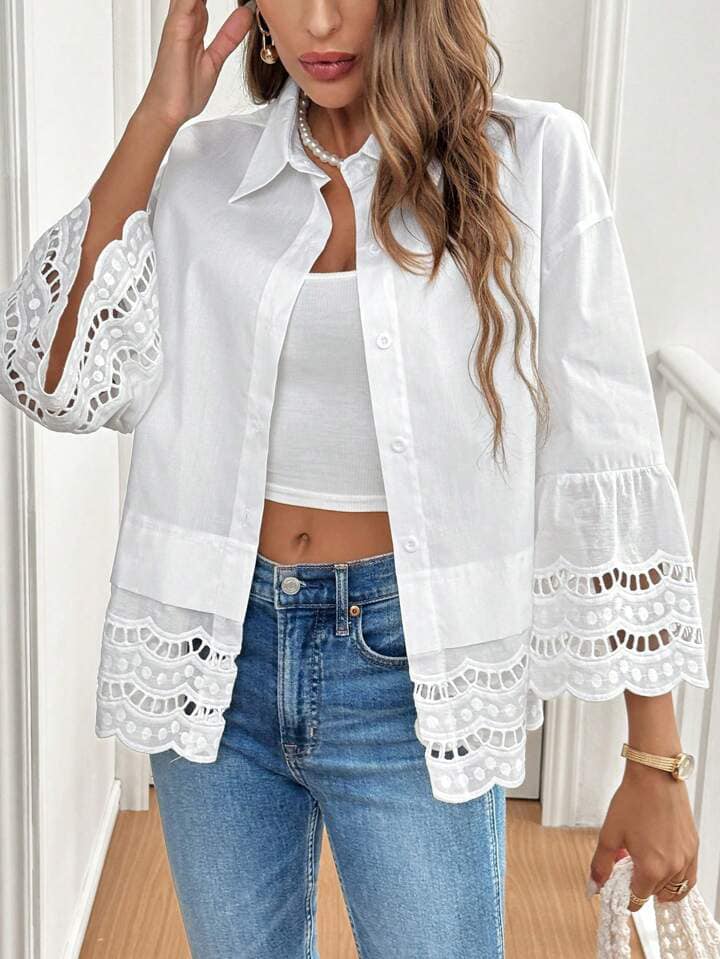CM-TS144416 Women Trendy Bohemian Style Eyelet Embroidery Flounce Sleeve Shirt - White