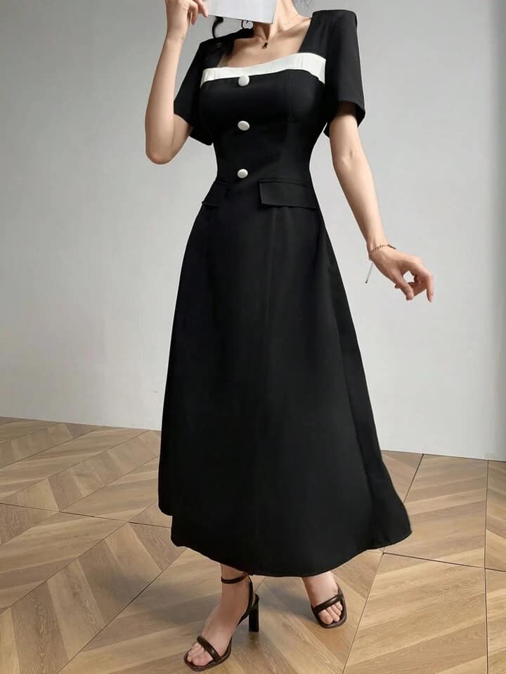 CM-DS529798 Women Elegant Seoul Style Contrast Color Crew Neck Short Sleeve Maxi Dress - Black