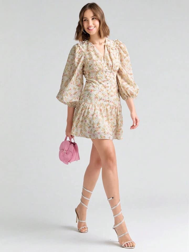CM-DS072246 Women Elegant Seoul Style Ditsy Floral Print Lantern Sleeve Ruffle Hem Dress - Yellow