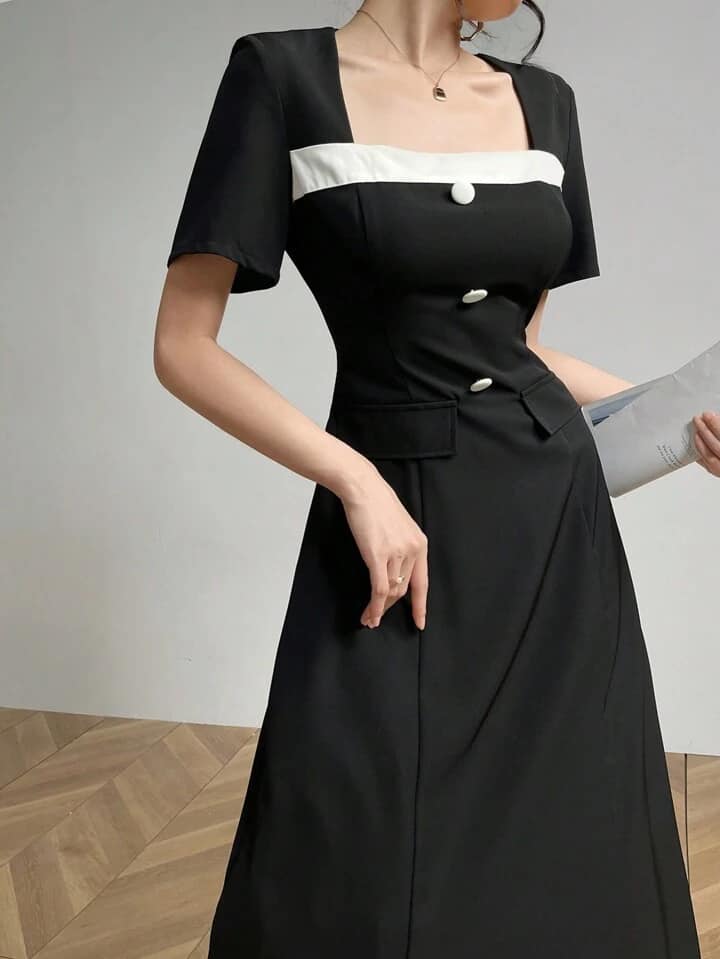 CM-DS529798 Women Elegant Seoul Style Contrast Color Crew Neck Short Sleeve Maxi Dress - Black