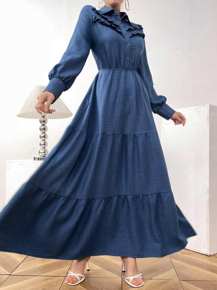 CM-DS499021 Women Elegant Seoul Style Solid Color Lantern Sleeve A-Line Long Dress - Blue