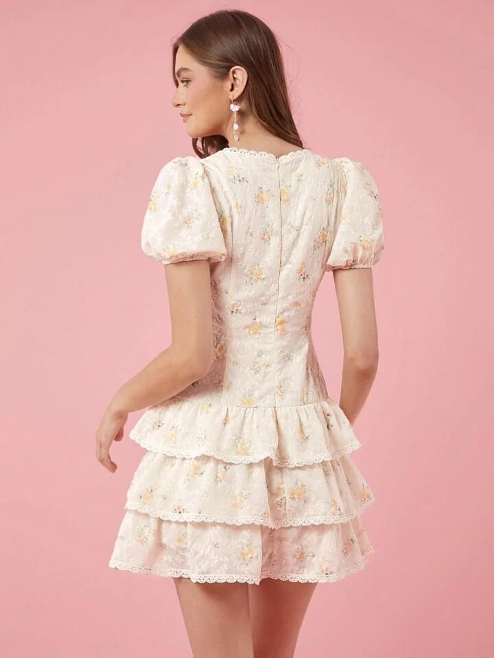 CM-DS212824 Women Elegant Seoul Style Floral Print Deep V-Neck Short Sleeve Multi-Layer Mini Dress