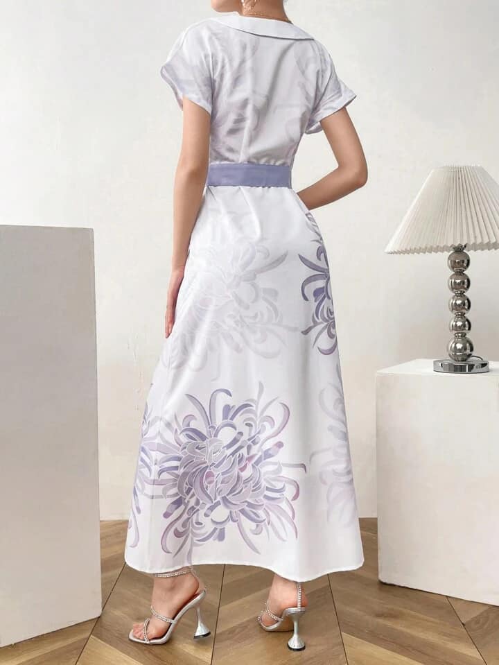 CM-DS121112 Women Casual Seoul Style Floral Print Overlap V-Neck Bat Sleeve Waist Tie Dress