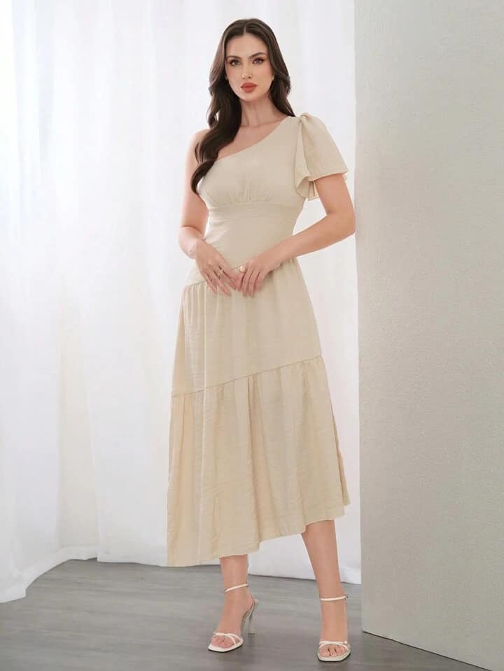 CM-DS374794 Women Elegant Seoul Style Solid Color Asymmetrical Neck Short Sleeve Maxi Dress - Apricot