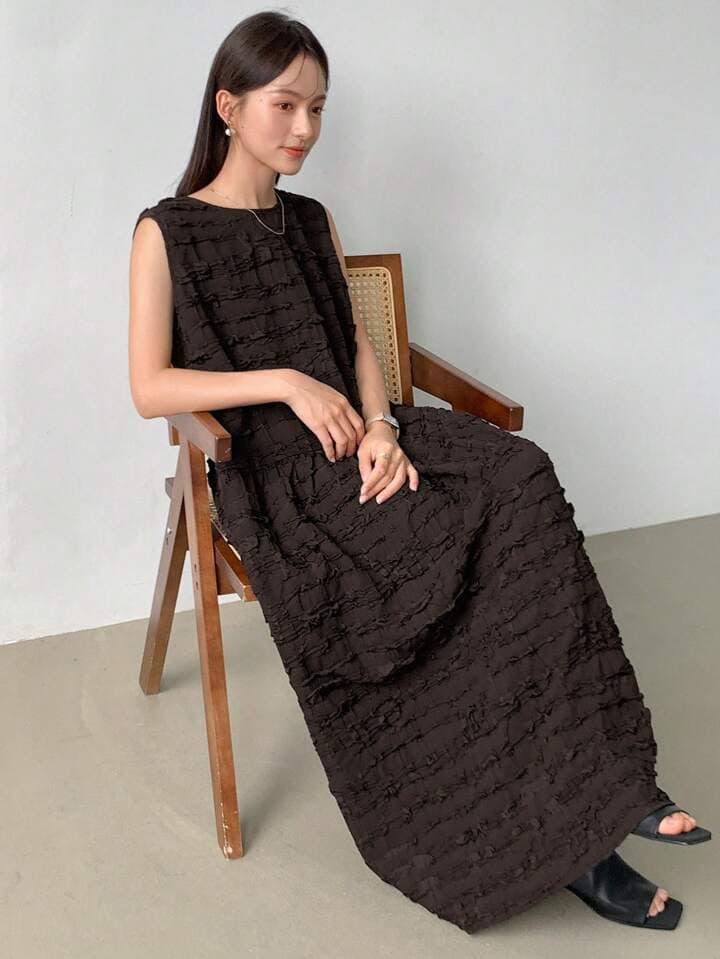 CM-DS383673 Women Trendy Bohemian Style Solid Round Neck Sleeveless Smock Dress - Brown