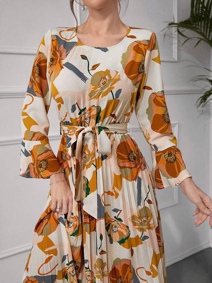 CM-DS433038 Women Trendy Bohemian Style Floral Print Round Neck Flare Sleeve A-Line Dress