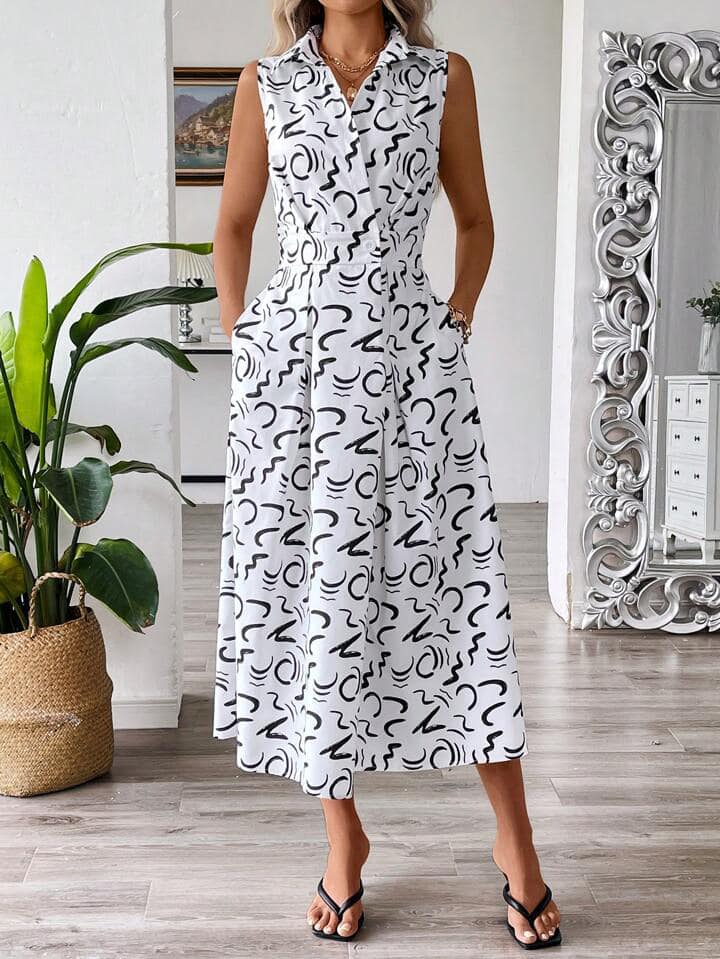 CM-DS957247 Women Casual Seoul Style Printed Pocket Sleeveless Shirt Collar Long Dress
