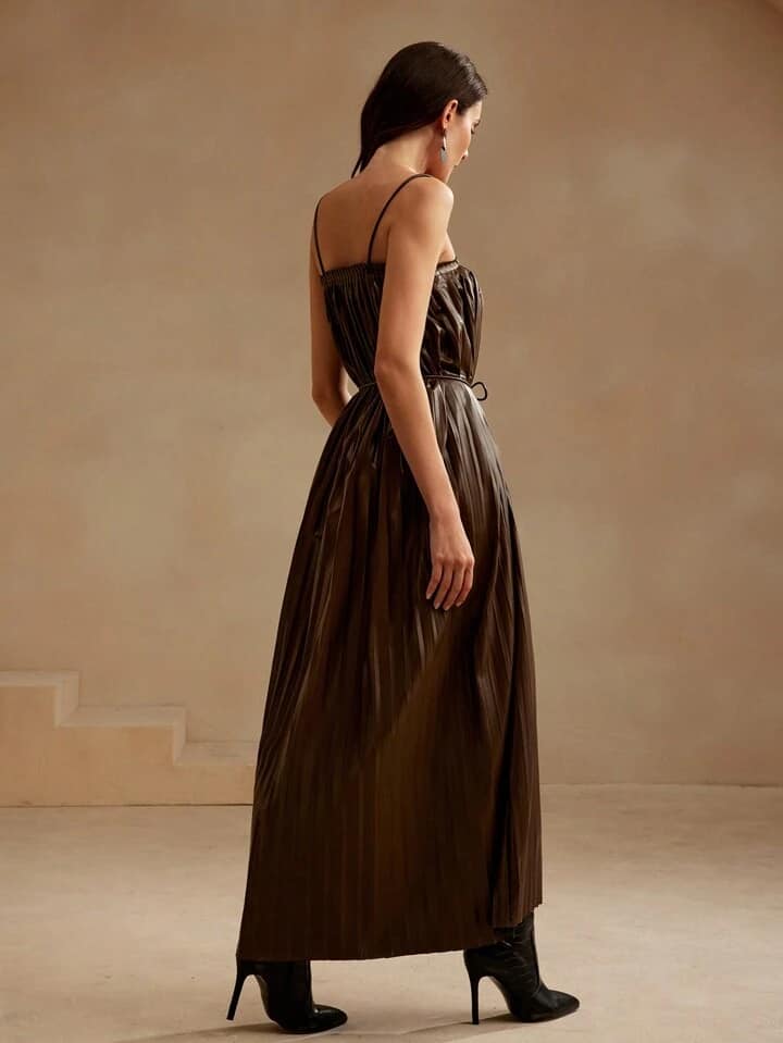 CM-DS288117 Women Elegant Seoul Style Solid Color Spaghetti Strap Sleeveless Pleated Cami Dress - Coffee