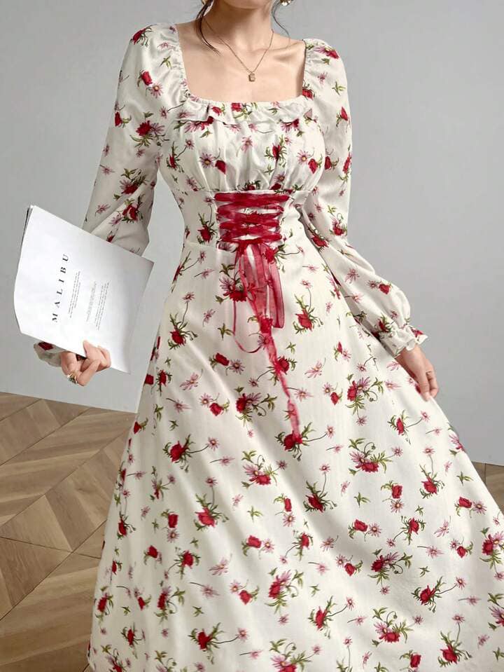 CM-DS621869 Women Elegant Seoul Style Square Neck Floral Print Ruffle Trim Tie Waist Long Dress