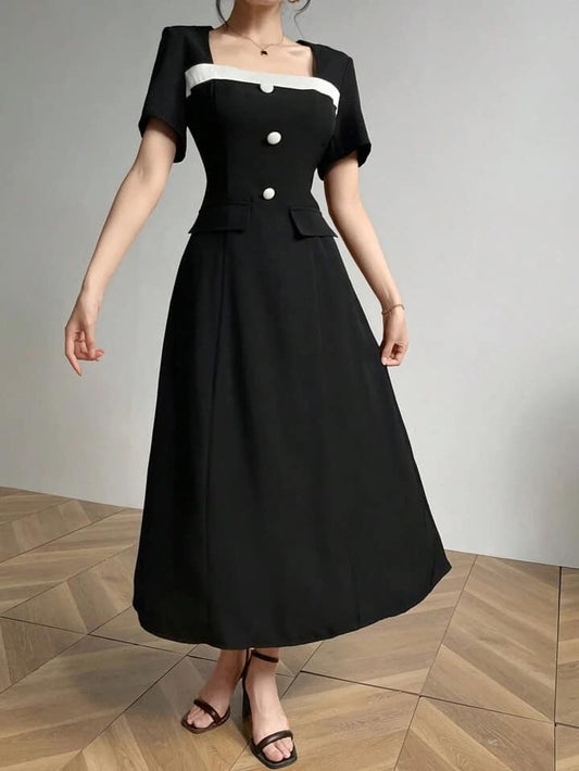CM-DS529798 Women Elegant Seoul Style Contrast Color Crew Neck Short Sleeve Maxi Dress - Black