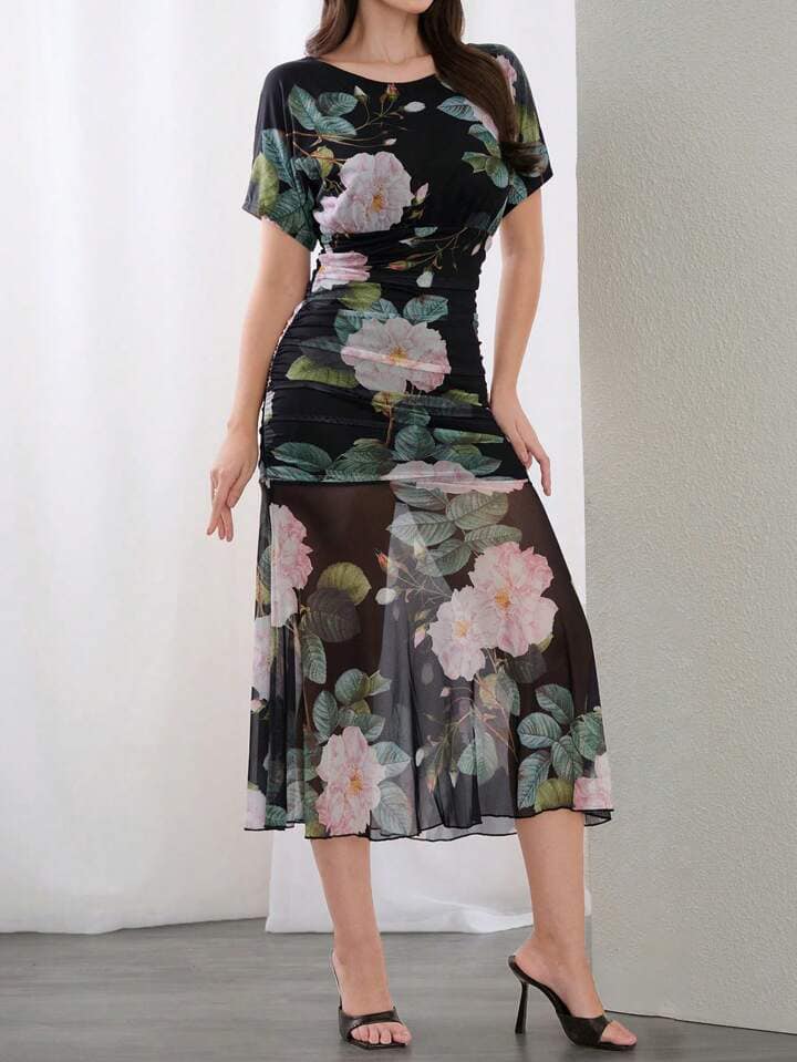 CM-DS046004 Women Elegant Seoul Style Floral Print Round Neck Short Sleeve Mermaid Dress