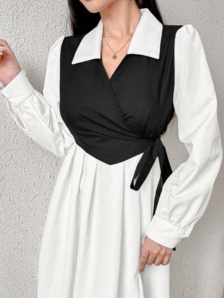 CM-DS565829 Women Casual Seoul Style Colorblock Collar Neckline Side Knot Bubble Sleeve Maxi Dress