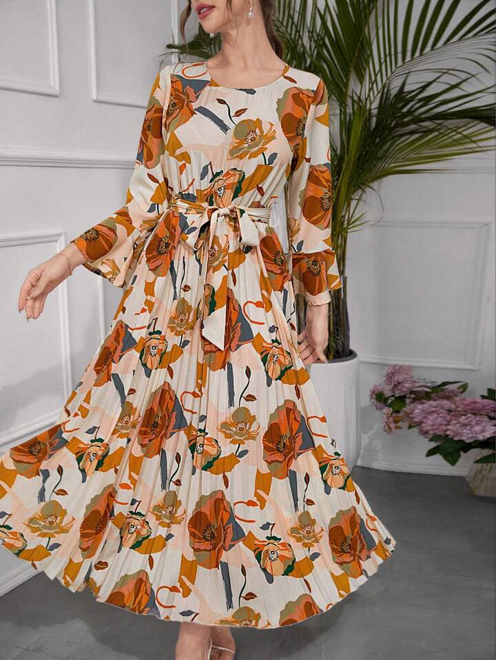 CM-DS433038 Women Trendy Bohemian Style Floral Print Round Neck Flare Sleeve A-Line Dress
