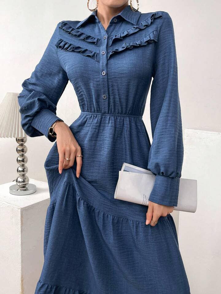 CM-DS499021 Women Elegant Seoul Style Solid Color Lantern Sleeve A-Line Long Dress - Blue