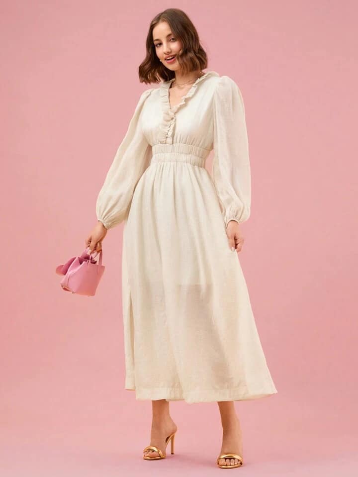 CM-DS994746 Women Elegant Seoul Style V-Neck Frill Trim Lantern Sleeve Maxi Dress - Apricot