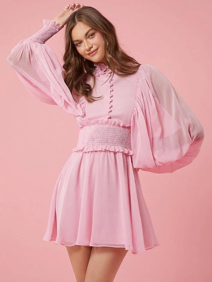 CM-DS961167 Women Elegant Seoul Style Solid Color Stand Collar Long Sleeve Mesh Panel Dress