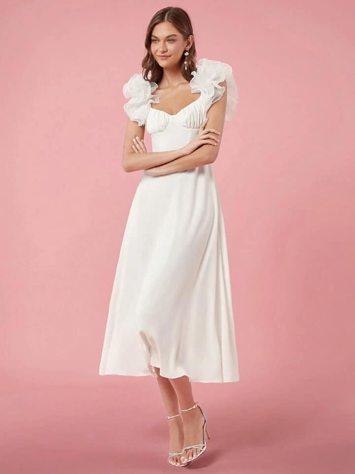 CM-DS762267 Women Elegant Seoul Style Sweetheart Neckline 3D Ruffle Strap Midi Dress - White
