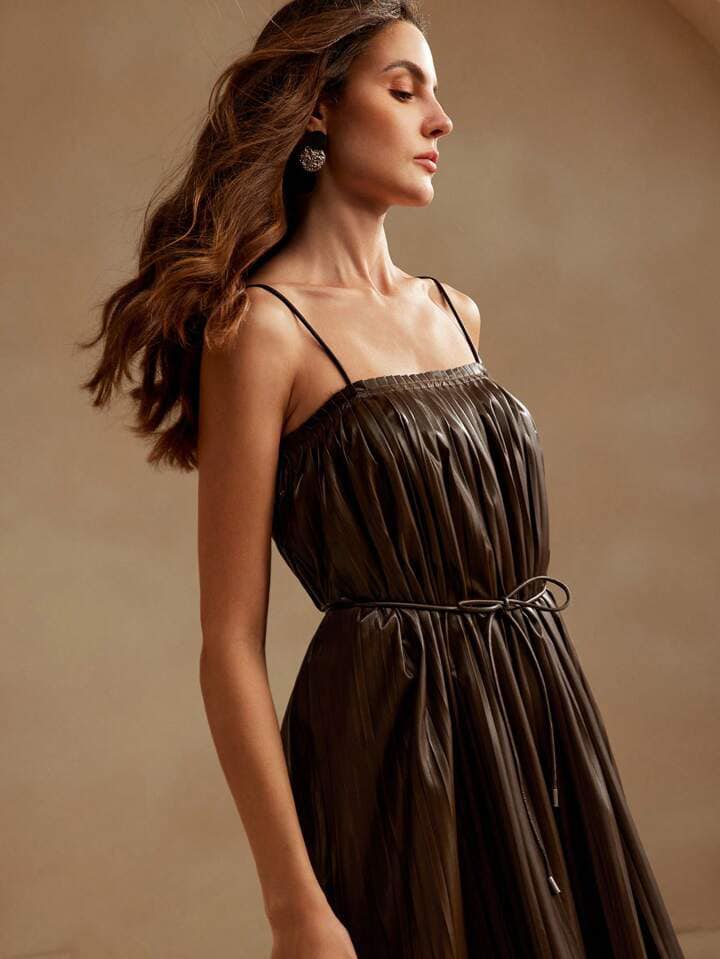 CM-DS288117 Women Elegant Seoul Style Solid Color Spaghetti Strap Sleeveless Pleated Cami Dress - Coffee