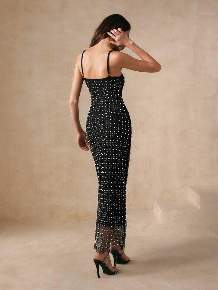 CM-DS505060 Women Elegant Seoul Style Sequin Patchwork Strappy Sleeveless Dress - Black