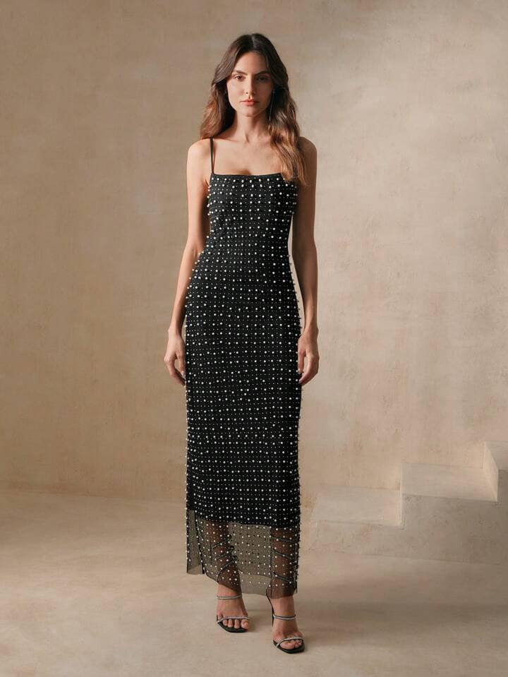 CM-DS505060 Women Elegant Seoul Style Sequin Patchwork Strappy Sleeveless Dress - Black