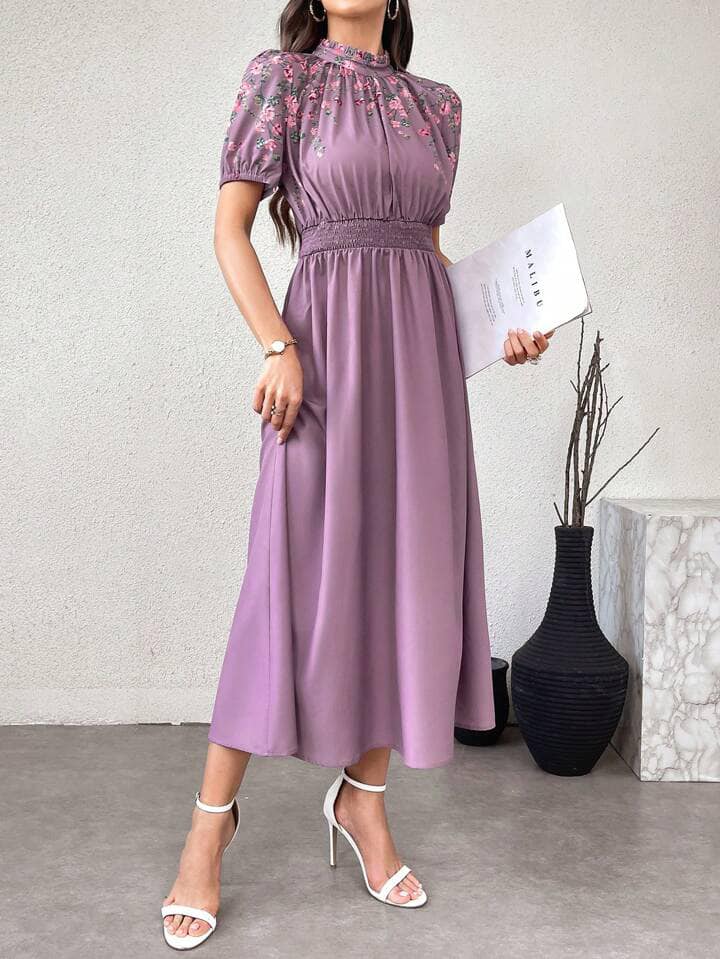 CM-DS531861 Women Elegant Seoul Styel Floral Print Stand Collar Short Sleeve Maxi Dress - Purple