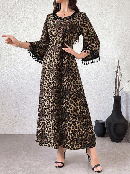 CM-DS038793 Women Trendy Bohemian Style Print Fringe Decorated V-Neck Bell Sleeve Long Dress