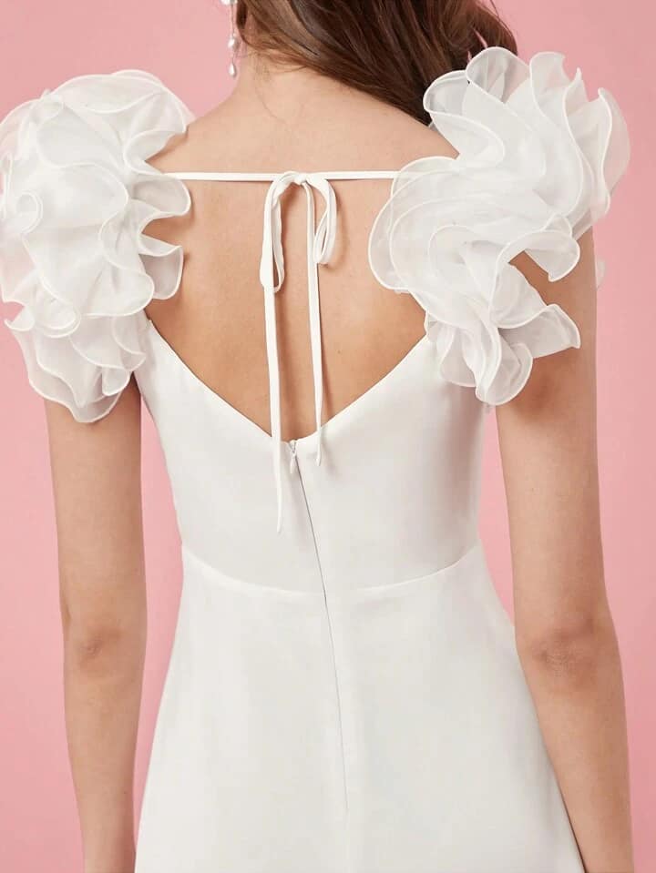CM-DS762267 Women Elegant Seoul Style Sweetheart Neckline 3D Ruffle Strap Midi Dress - White