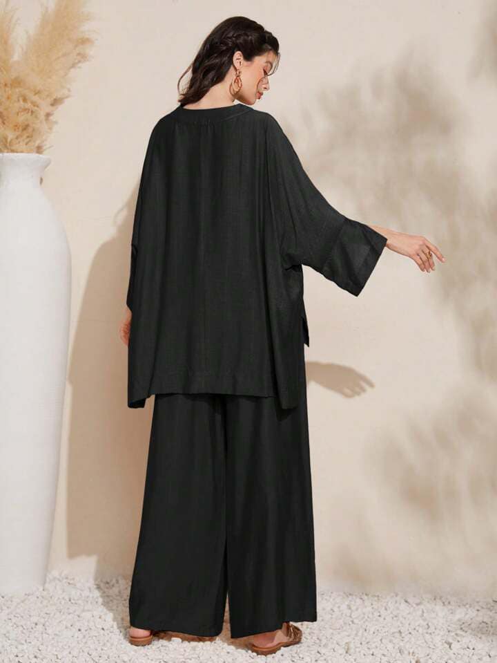 CM-SS453211 Women Trendy Bohemian Style Solid Color Batwing Sleeve Oversized Shirt With Wide Leg Pants - Set