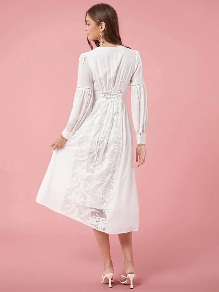 CM-DS178927 Women Elegant Seoul Style Solid Color V-Neck Long Sleeve A-Line Maxi Dress - White