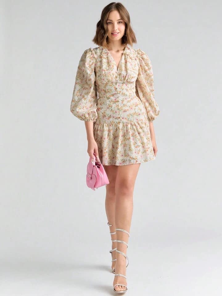 CM-DS072246 Women Elegant Seoul Style Ditsy Floral Print Lantern Sleeve Ruffle Hem Dress - Yellow