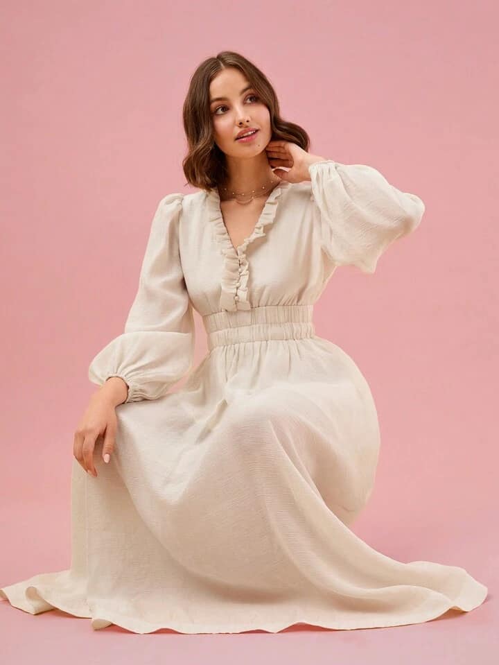 CM-DS994746 Women Elegant Seoul Style V-Neck Frill Trim Lantern Sleeve Maxi Dress - Apricot