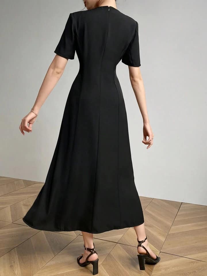 CM-DS529798 Women Elegant Seoul Style Contrast Color Crew Neck Short Sleeve Maxi Dress - Black