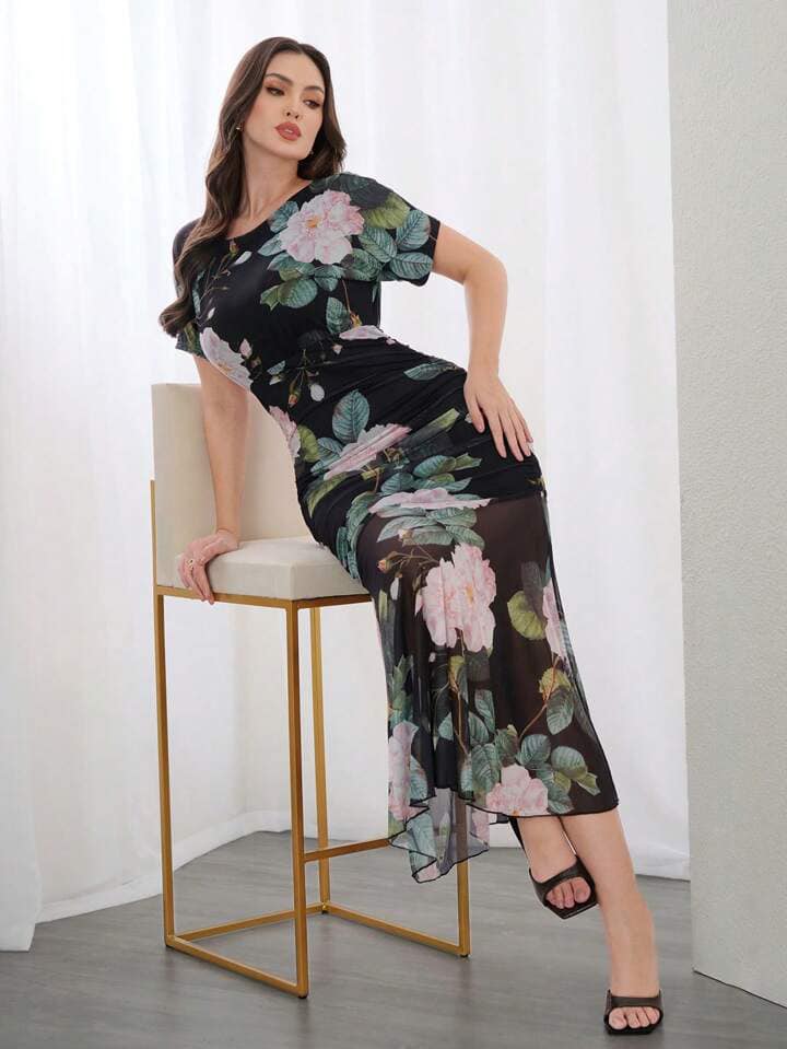 CM-DS046004 Women Elegant Seoul Style Floral Print Round Neck Short Sleeve Mermaid Dress