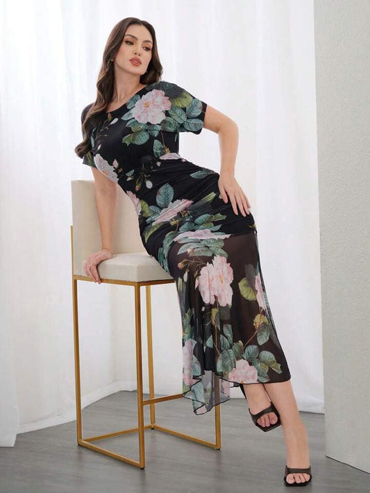CM-DS046004 Women Elegant Seoul Style Floral Print Round Neck Short Sleeve Mermaid Dress