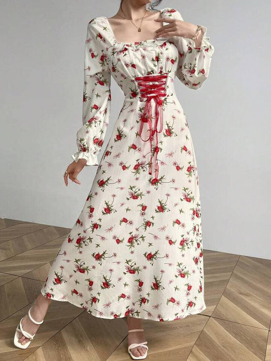 CM-DS621869 Women Elegant Seoul Style Square Neck Floral Print Ruffle Trim Tie Waist Long Dress