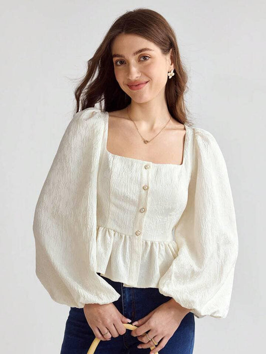 CM-TS621308 Women Elegant Seoul Style Solid Color Square Collar Long Sleeve Shirt - Apricot