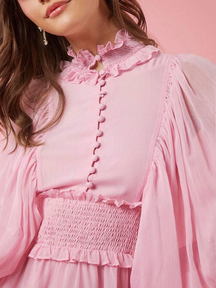 CM-DS961167 Women Elegant Seoul Style Solid Color Stand Collar Long Sleeve Mesh Panel Dress