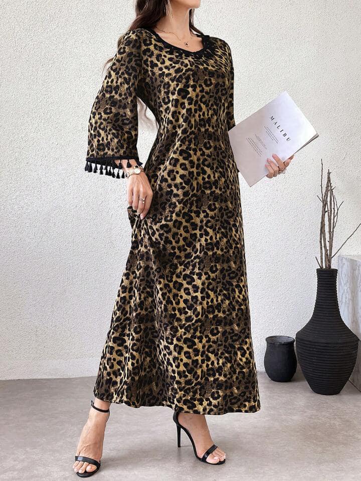 CM-DS038793 Women Trendy Bohemian Style Print Fringe Decorated V-Neck Bell Sleeve Long Dress