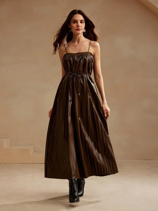 CM-DS288117 Women Elegant Seoul Style Solid Color Spaghetti Strap Sleeveless Pleated Cami Dress - Coffee