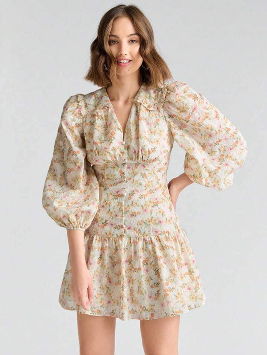 CM-DS072246 Women Elegant Seoul Style Ditsy Floral Print Lantern Sleeve Ruffle Hem Dress - Yellow