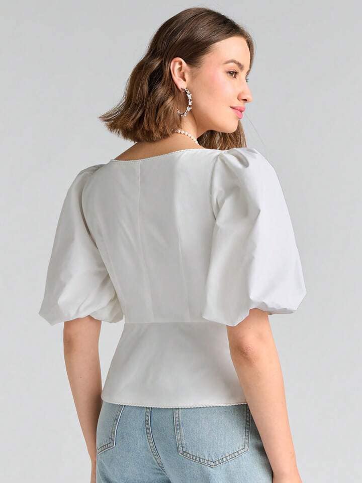CM-TS757788 Women Elegant Seoul Style Sweetheart Neckline Lace Up Front Puff Sleeve Blouse